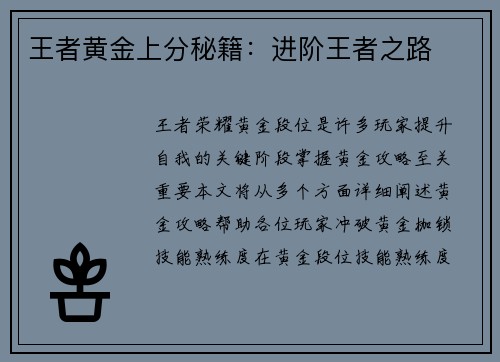 王者黄金上分秘籍：进阶王者之路